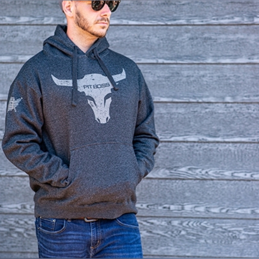 Pit Boss Grills Mens L Charcoal Heather Bull Graphic Pullover Hoodie Sweatshirt